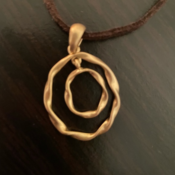 Necklace - gold oval charm on brown cord - Picture 2 of 8